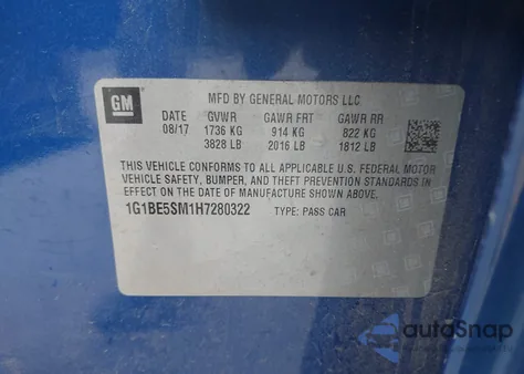 2017 Chevrolet Cruze Lt Auto z USA, uszkodzony, nr VIN 1G1BE5SM1H7280322